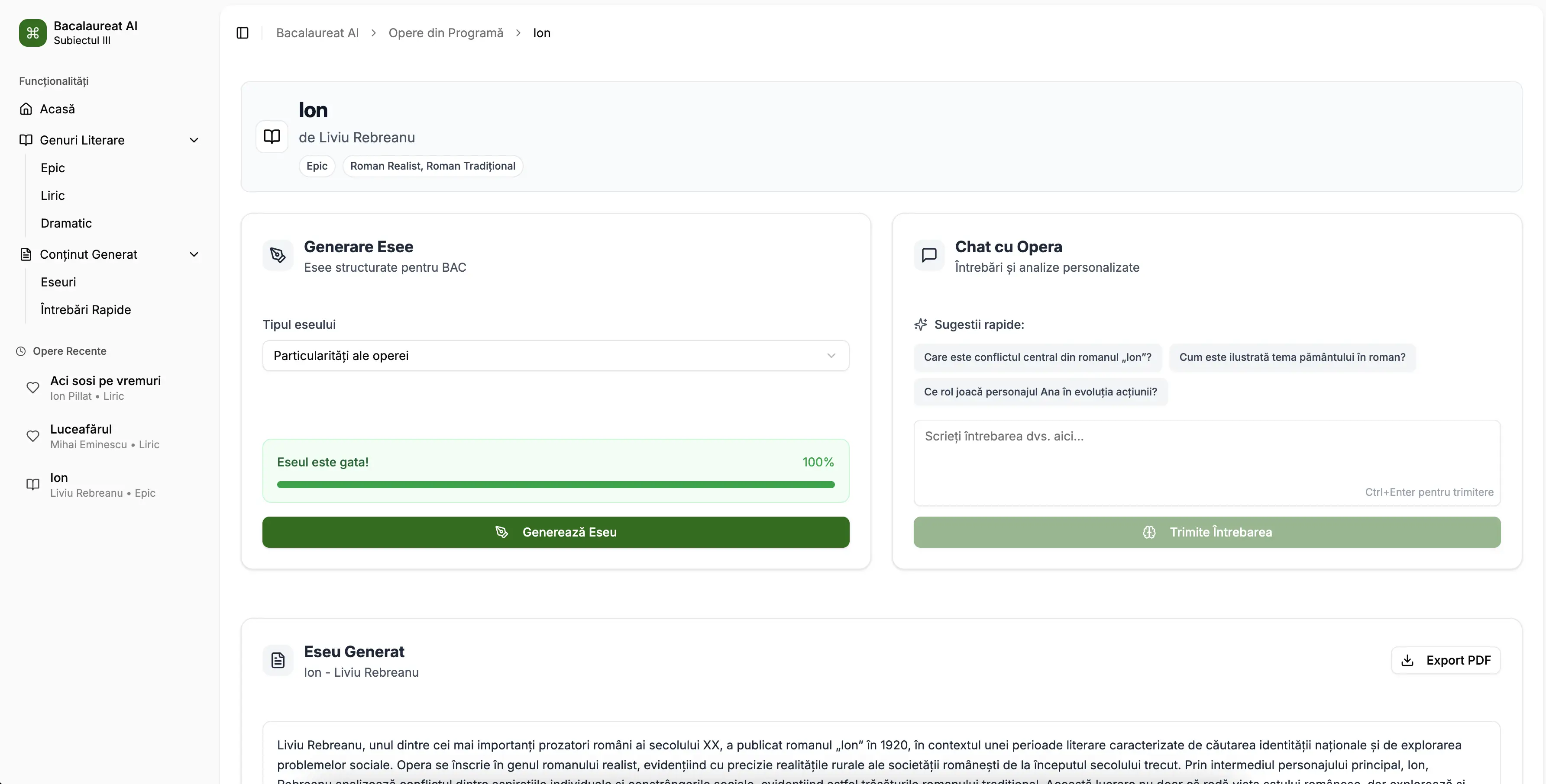 Dashboard Bacalaureat AI - Interfața platformei pentru generare eseuri
